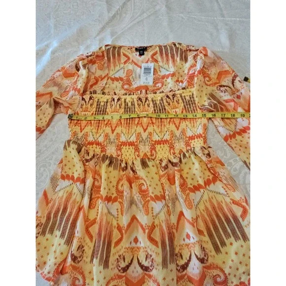Torrid Top 00 M/L Ikat Babydoll Smocked Boho Ruffle Western Patchwork Earthy - Picture 15 of 16